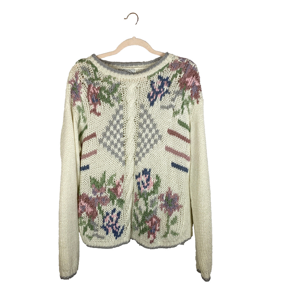 Vtg 90s Sweater Sz L Open Knit Floral Nuggets Cottagecore Coquette READ Granny
